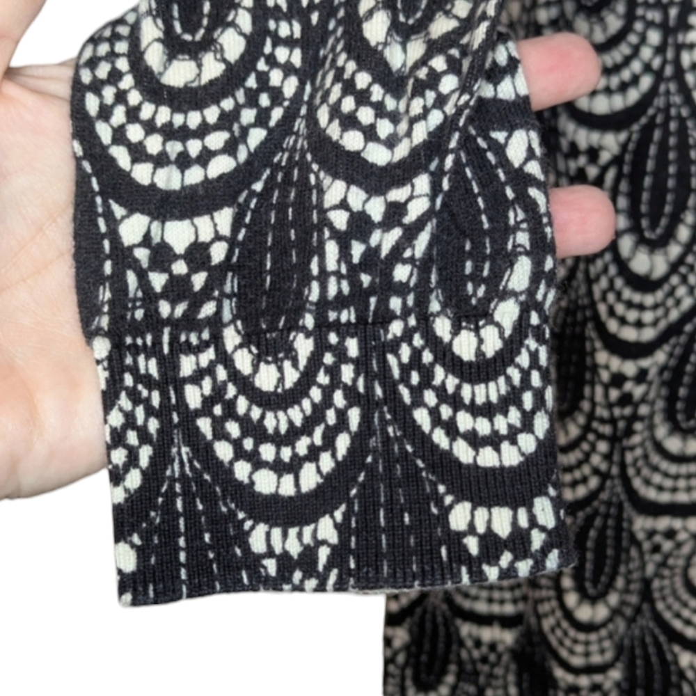 Talbots Cardigan Small Black Ivory 3/4 Sleeve Lightweight Geometric Knit Career - Picture 4 of 7
